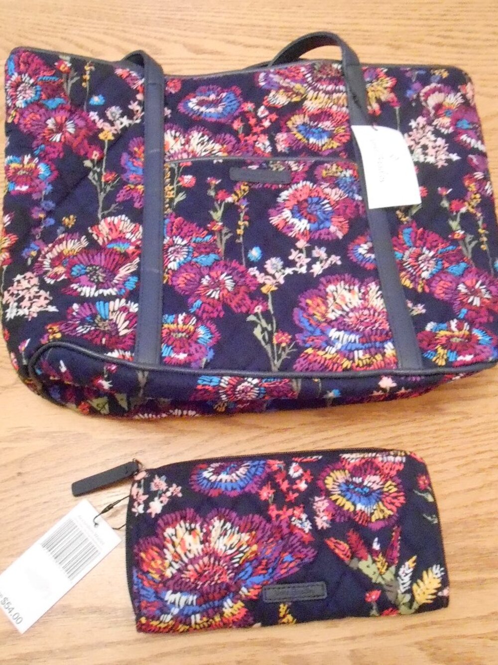 Vera Bradley Midnight Wildflowers Small Trimmed Quilte Tote Accordion Wallet-NWT